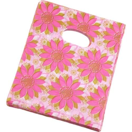 Hot Sale New Style Wholesale 100pcs/lot 15*20cm Pink Flower Plastic Shopping Packaging Bags With Handle Christmas Gift Bags