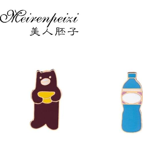 Cartoon Animal Bear Water Bottle Enamel Pins Blue Bottle Brooches Lapel Pin Backpack Badges For Girl Woman Accessories Gift