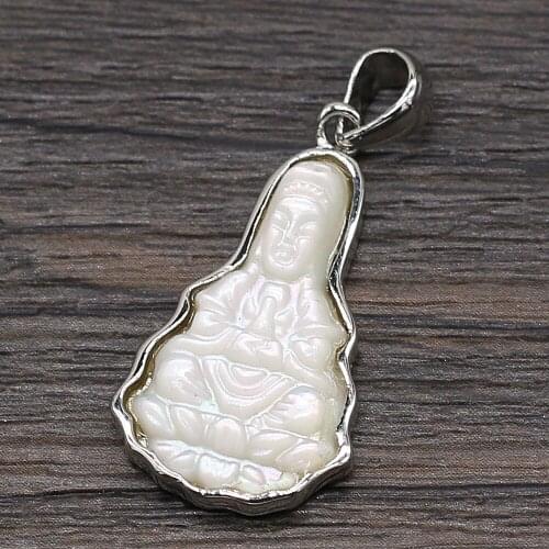 Natural Edging White Shell Pendant Exquisite Avalokitesvara Bodhisattva Molding Aura Luck Pendant for Jewelry Making Necklace