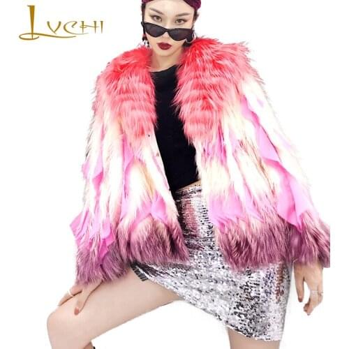 LVCHI 2019 New Update Winter Import Fox Fur Coat Natural Fox Fur Coat Womens Turn-Down Collar Gradient Slim Short Fox Fur Coats