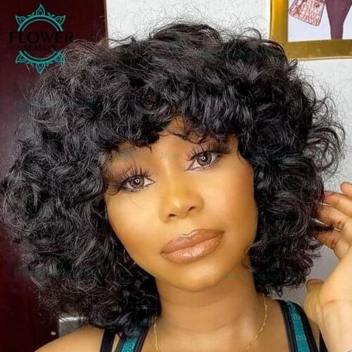 Curly Human Hair Wig With Bangs Remy Peruvian Bang Wig O Scalp Top Full Machine Made Wig Spiral Curl 18" 200% FlowerSeason
