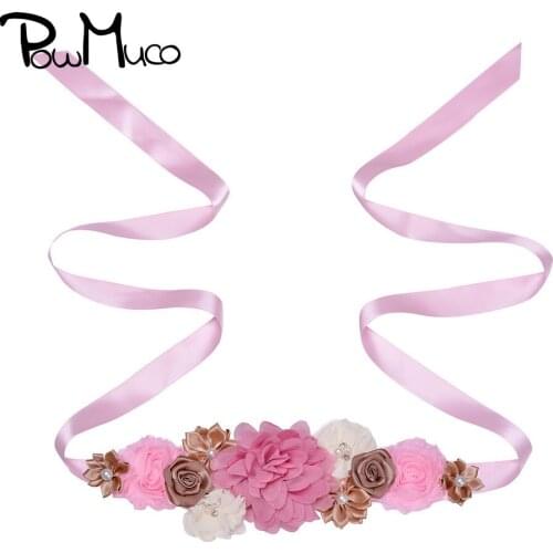 Powmuco Hand Sewn Rhinestone Beads Flowers Women Belts Cute Polygonal Floral Adjustable Maternity Waistband Dress Decoration