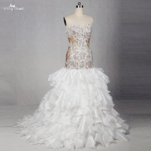 RSW1313 Real Pictures Yiaibridal Illusion Corset Silver Beaded Lace Appliques Mermaid Ruffle Skirt Wedding Dress 2017