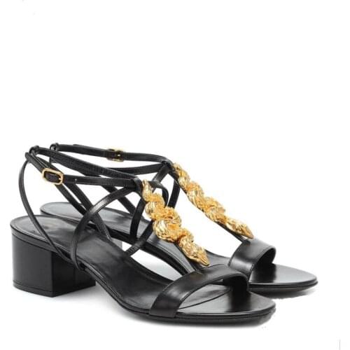 Genuine Leather Gold Metal Snake Women Sandals Square Heel Narrow Bands Female Sandals Flip Flops Fashion Female Summer Shoes