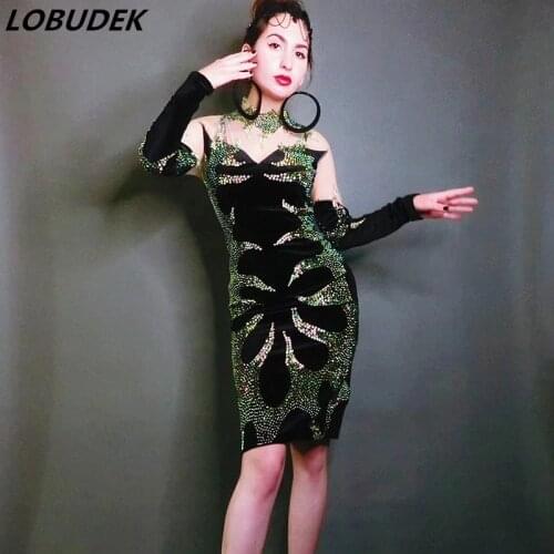 Mesh Sleeve Glisten Rhinestones Package Hip Dress Prom Birthday Party Celebration Dress Singer Costume One Piece Evening Outfits