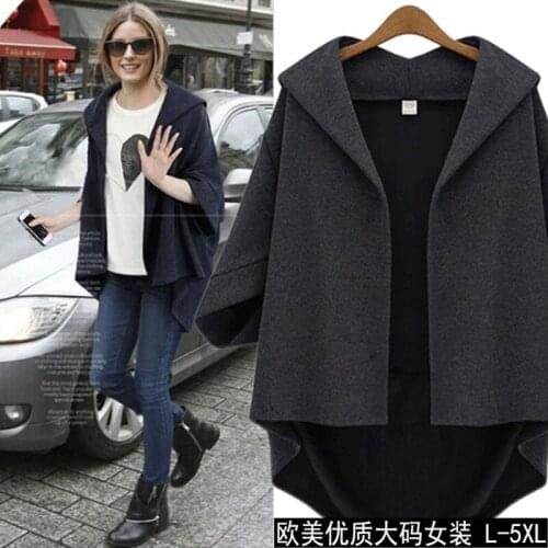 Spring/Autumn Women Plus Size Woolen Bat Coat Ladies Oversized Batwing Sleeve Tops Solid Three Quarter Open Stitch Woolen Coat