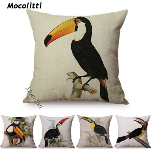 Toucans Nordic Water Color Birds Painting Art Home Decoration Square Cushion Cover Cotton Linen Bedroom Sofa Throw Pillows Cover