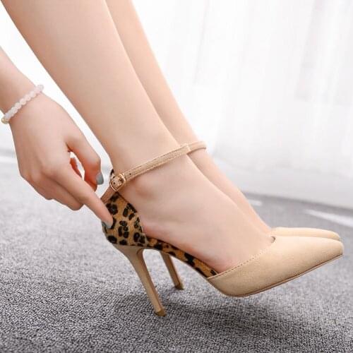 Crystal Queen High Heels Sandals Leopard Shoes Women Pumps Office Lady Pointed Toe Flock Sexy 9 cm Wedding Shoes
