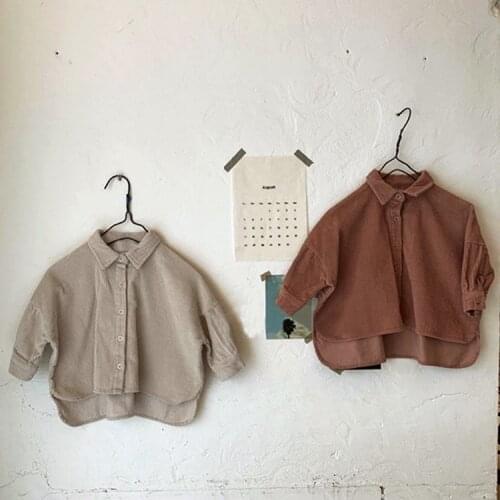 2020 Autumn Korean Childrens Clothing New Boys and Girls Fashion Front Short Long Back Button Corduroy Shirt