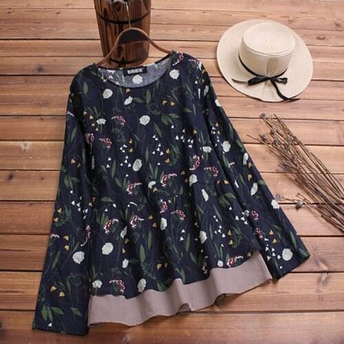 Spring and Autumn 2019 Long Sleeve Cotton and Hemp Shirt Womens Large Size Long-style Printed Fake Two-piece women Blouses