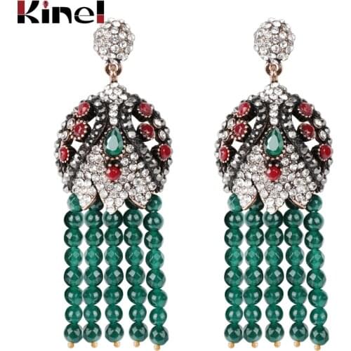 Kinel Luxury Natural Stone Big Tassel Earrings For Women Antique Gold Color Handmade Fashion Exaggerate Crystal Vintage Jewelry