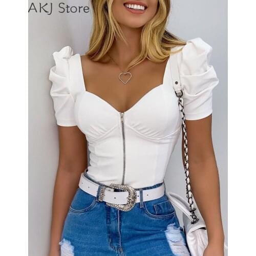 Women Summer Fashion Puff Sleeve Zip Front Top Solid Casual Sexy Square Neck Short Sleeve Female Top