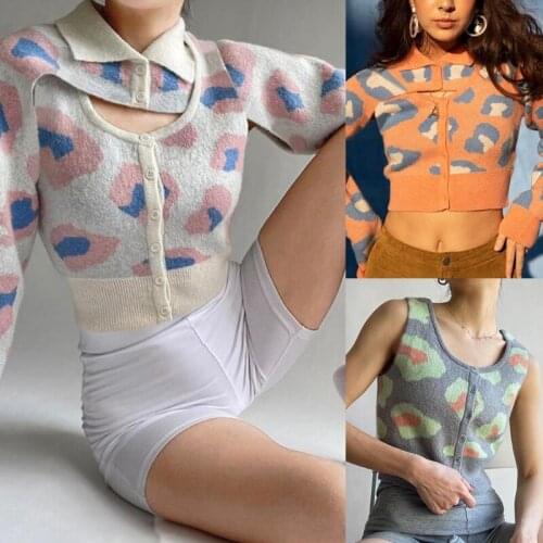 Women Autumn Knitted Long Sleeve Sweater Cardigan Harajuku Leopard Print Button Down Tank Top Vest Lapel Collar Irregular Knitwe