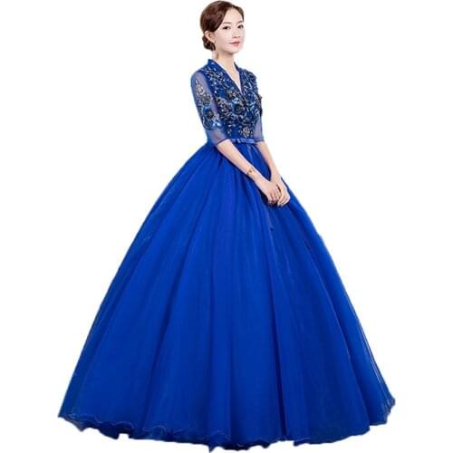 2021 Stock Royal Blue Long Sleeves V-Neck Lace Quinceanera Dresses Ball Gown Prom Dress Sweet 16 Corset Vestidos De 15 Anos