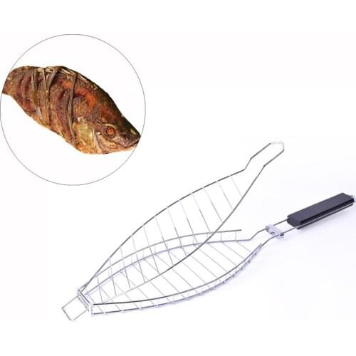 Stainless Steel Roast Fish Wire Mesh Non-stick Steak Tool Collapsible Shelf Wooden Handle Grill Meshes Roast Meat Tool 1pcs