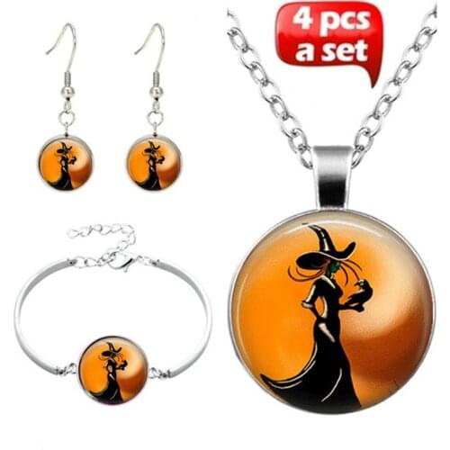 4Pcs/Set Halloween Witch Photo Glass Jewelry Set Fashion Choker Necklace Bracelet Earring Jewelry Set for Women Gift Accessories