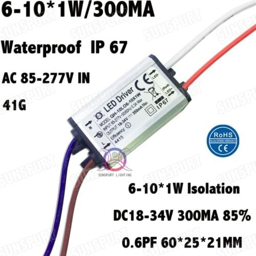 5Pcs Waterproof 10W AC85-277V LED Driver 6-10x1W 300mA DC18-34V LED PowerSupply ConstantCurrent For Ceiling Lamp Free Shipping
