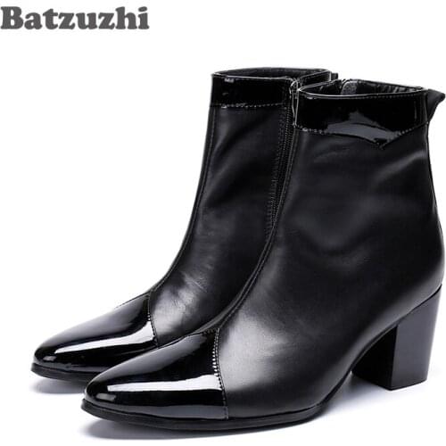 Batzuzhi 7cm High Heels Men Boots Pointed Toe Black Genuine Leather Boots Men Zip Knight Party Boots for Men Bota Masculina