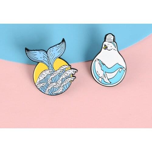 Cartoon blue sea creature dolphin brooch stuck in light bulb whale mermaid tail alloy costume friend jewelry gift jewelry