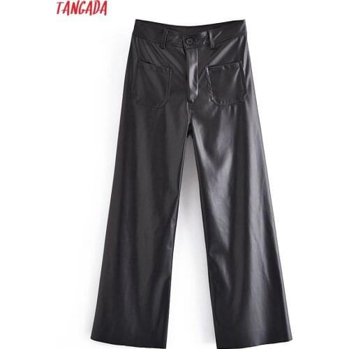 Tangada Women Black PU Leather Wide Leg Pants Pocket Zipper Female Autumn Winter Pants QN203