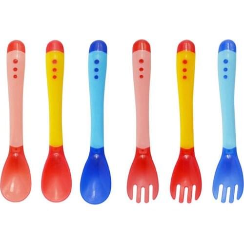 Baby Learning Dishes With Suction Cup Assist Food Temperature Sensing Spoon Baby Tableware Baby Utensils Spoon+Fork