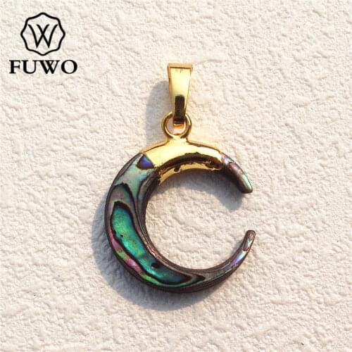 FUWO Natural Abalone Shell Crescent Pendant Gold Electroplated Tribal Ox Horn Shell Jewelry Supplies Wholesale PD536