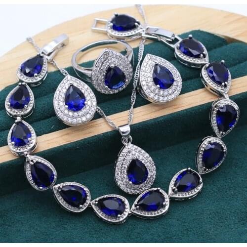 Water Drop Blue Green Stones Silver Jewelry Sets For Women Bracelet Necklace pendant Ring Stud Earrings Birthday Party Gift