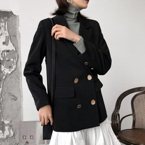 Fashion Blazer Trailblazer Black 2019 Spring and Autumn Fashion Black Double Row Irregular Goose Egg Button Suit Shoulder Jacket