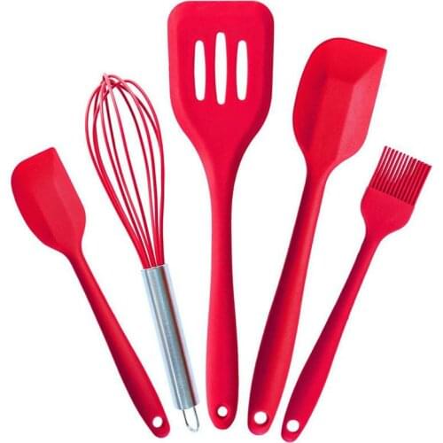 5Pcs Red Silicone Kitchen Utensils Set Cooking Tools Kitchen Spoon Ladle Slotted Turner Clip Heat-resistant Cooking Tool