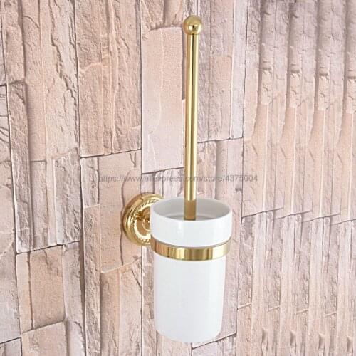 Luxury Gold Color Brass Wall Mounted Toilet Brush Holder Bathroom Accessories Set Bath Products Ceramic Cup Nba595
