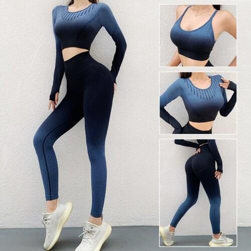 SALSPOR Women Yoga Suits Gradient Seamless Bra Longsleeve Trainning Running Sport 3 Piece of Sets Sportwear Fitness Suits Female