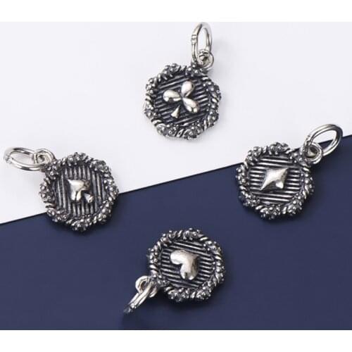 925 Sterling Silver 4 Styles Poker Pattern Round Charms Dark Craftwork Entire S925 Silver Funny Pendants Diy Jewelry Findings