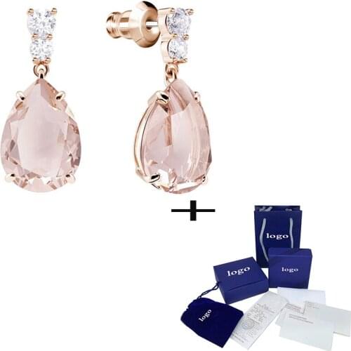 SWA Fashion New High Quality Exquisite Pink Crystal Water Drop Pierced Earrings Retro Fresh Lady Jewelry Unique