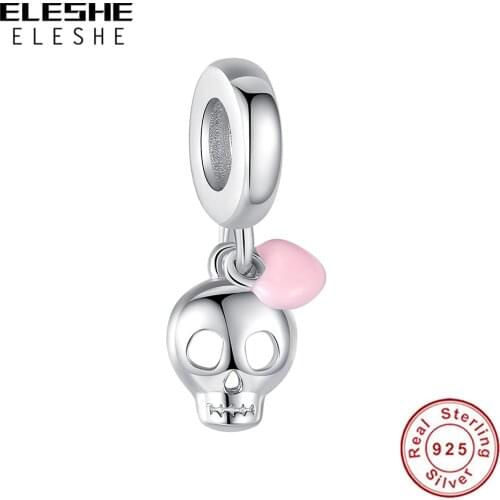 2021 ELESHE 925 Sterling Silver Skull Dangle Charm Pink Enamel Heart Bead Fit Original Bracelet DIY Jewelry Fashion Girl Gift