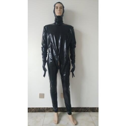 Sexy men and Women Shiny Metallic Catsuit Leotard jumpsuit back double Zipper crotch zipper with removable hood gloves