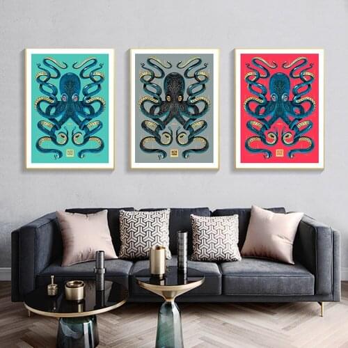 Modern Rich Octopus Gray Gold Abstract Art Print Poster Magenta Blue Canvas Painting Livingroom Light Luxury Wall Decor Pictures