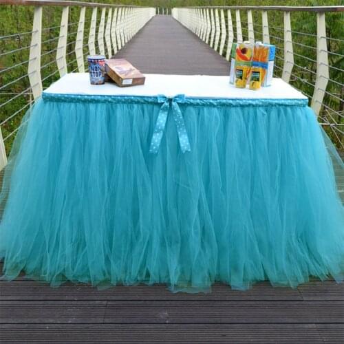 Tulle Table Skirt Blue Three Layer Ice Silk Fabricfor Bowknot Wedding Decor Birthday Baby Shower Party Decoration Tablecloth