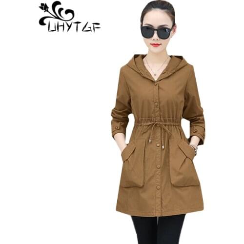 UHYTGF Spring coat women New hooded autumn trench coat for women Single-breasted plus size outerwear Lace-up Slim thin coats 462