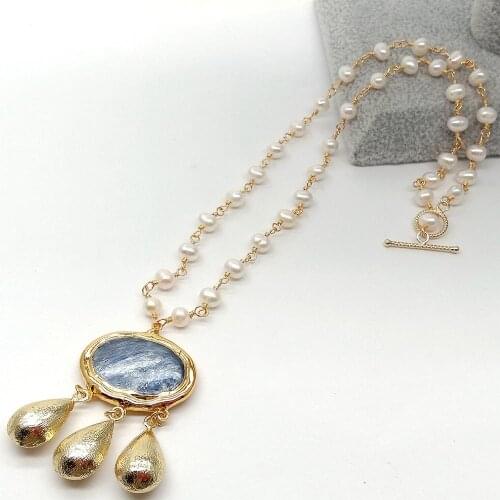 YYGEM natural White Freshwater Pearl link chain Necklace gold filled oval Blue kyanite gold brushed teardrop Pendant