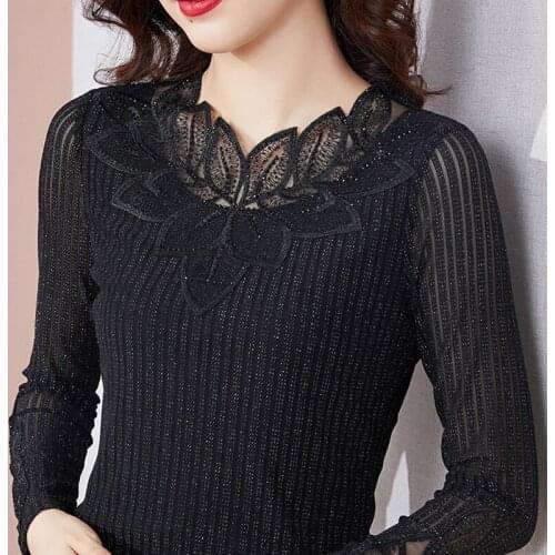 M-4XL Plus Size Women Clothing New 2021 Autumn Long-Sleeve Solid Color Patchwork Mesh T-Shirt Elegant Slim Lace Tshirt