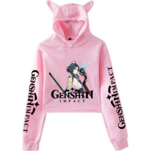 Game Genshin Impact Women Hoodie Long Sleeve Pullover Tops Short Jumper Sweatshirt Girls Casual Hooded Crop Top Hip Hop Clothing