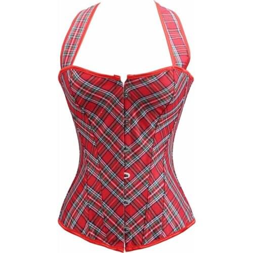 Womens Halter Corset Red Plaid Overbust Corsets Bustier Push Up Vest Top Lingerie Plus Size Corselet Fashion