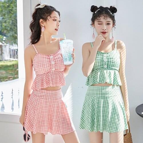 2021 New Korean Style Women Push Up Padded Two Piece Lattice Bikini Set Swimsuit Swimwear Women Bathing Swimskirt