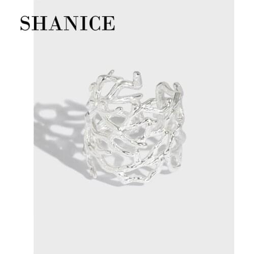 SHANICE S925 Sterling Silver Open Ring Small design sense simple and versatile wide-faced branch texture Opening Index Finger