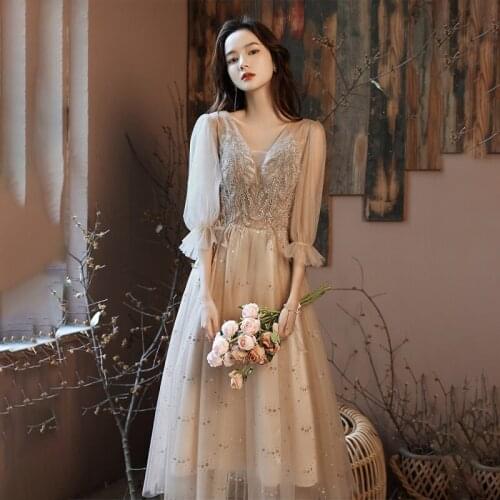 Evening Dress Embroidery Deep V-Neck A-Line Luxurious Empire Sequins Half Sleeves New Tea-Length Woman Formal Party Gowns A1441