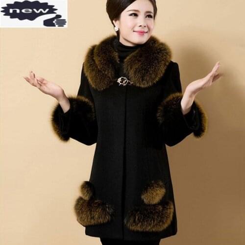 Winter Women Wool Long Coat Fur Collar Cloak Warm Outwear Plus Size 6XL Woolen Blends Overcoat Cape Ladies Slim Fit Jacket