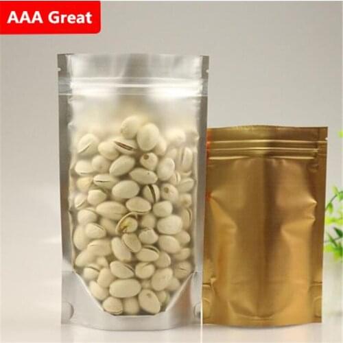 AAA Great Golden Matte Aluminium Foil Zip Lock Bags Resealable Plastic Pouch Zipper Seal Front Clear Stand Up Candy Bag 100Pcs