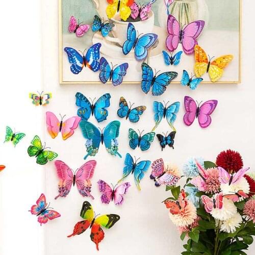 12Pc Simulation Butterflies Three-Dimensional Wall Sticker Bedroom Decoration Sticker Fridge Applique Wallpaper Home Decorations