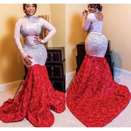 Sparkly Big Crystals Dress Long Train Women Birthday Costume Prom Celebrate Nude Red Flower Tail Dresses Evening Outfit