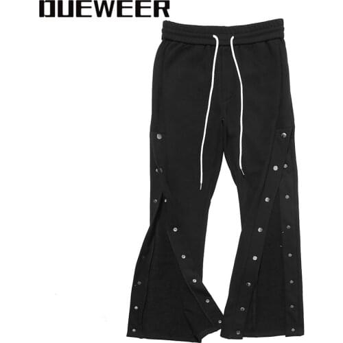 Dueweer Urban Streetwear Mens Flared Pants Hip Hop Side Buttons Removable Wide Leg Sweatpants Women Harajuku Flare Trousers